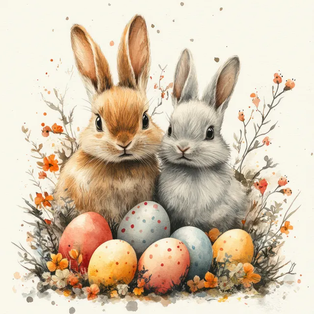 Two watercolor Easter bunnies with colorful eggs and spring florals