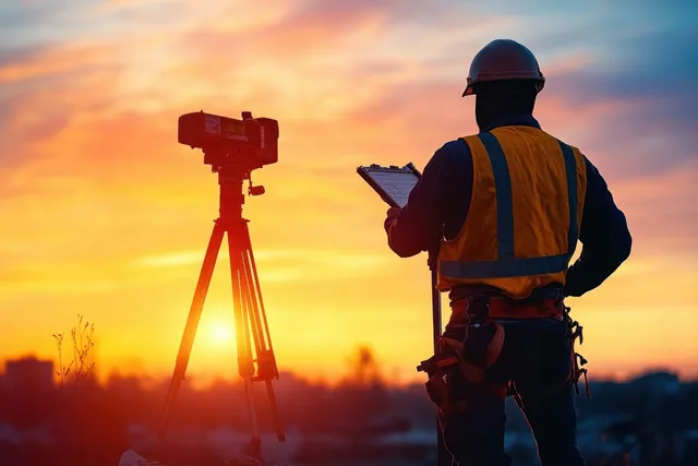 Silhouette of a construction engineer standing beside a surveying tripod at sunset while checking a tablet.