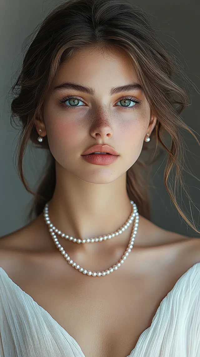 Close-up portrait of a young woman with freckles and blue eyes wearing pearl earrings and a double-strand necklace.