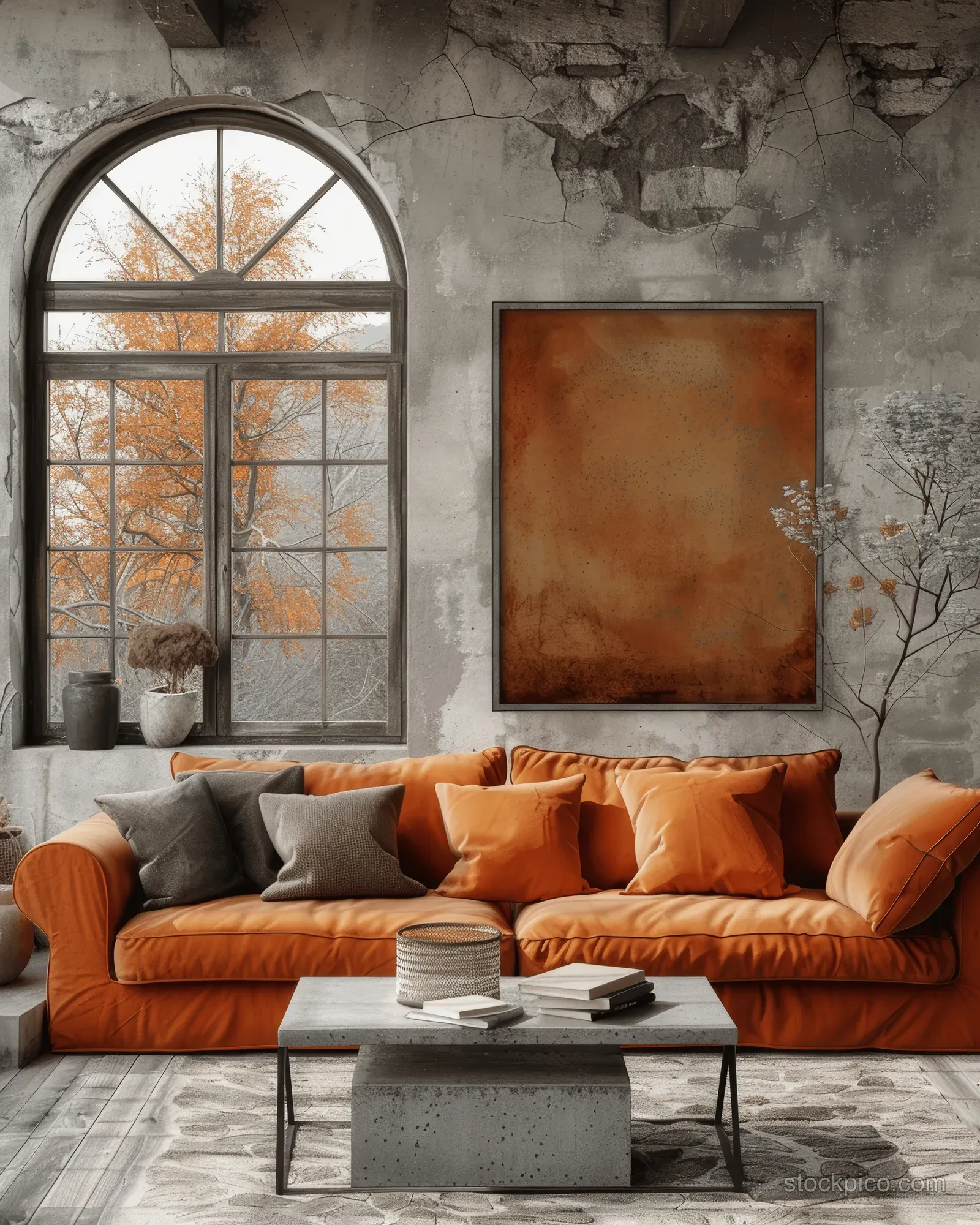 Orange sectional sofa sits in a modern living room beside a concrete coffee table and arched window light.