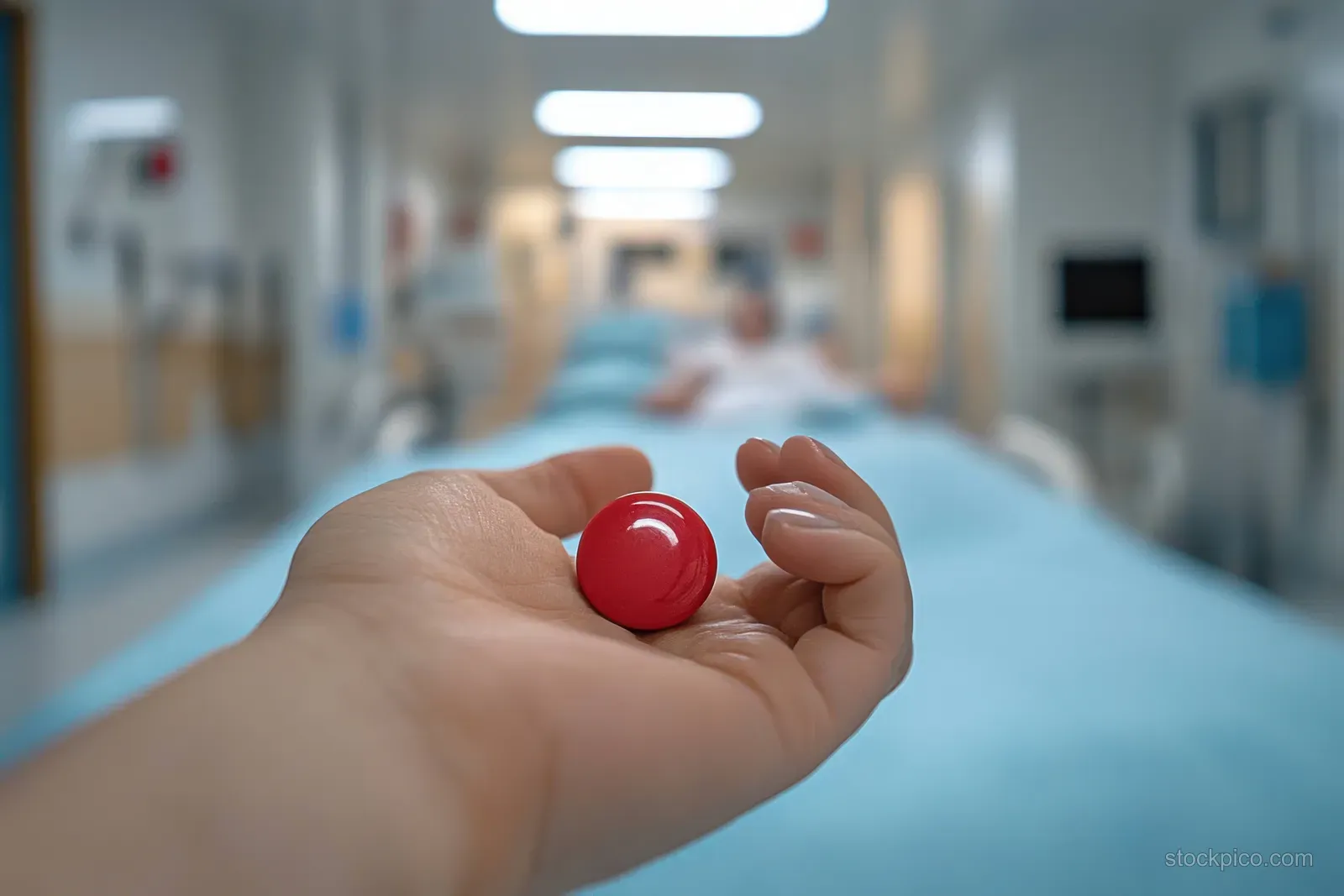 A hand holds a single red pill in a hospital corridor with a blurred patient lying in the background.