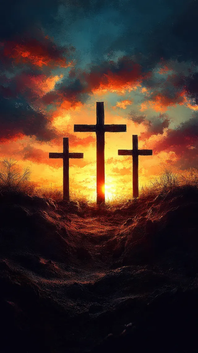 Three wooden crosses silhouetted on a hill against a dramatic orange and blue sunset sky with clouds.