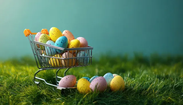 Mini shopping cart filled with speckled and pastel Easter eggs on green grass with scattered eggs nearby.