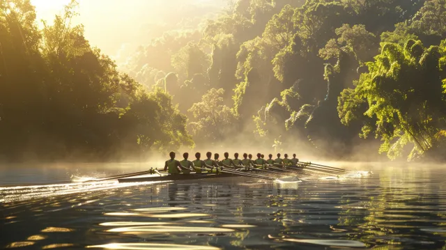 USA rowers in an eight-man boat synchronize strokes on a misty river at sunrise with golden light reflections.