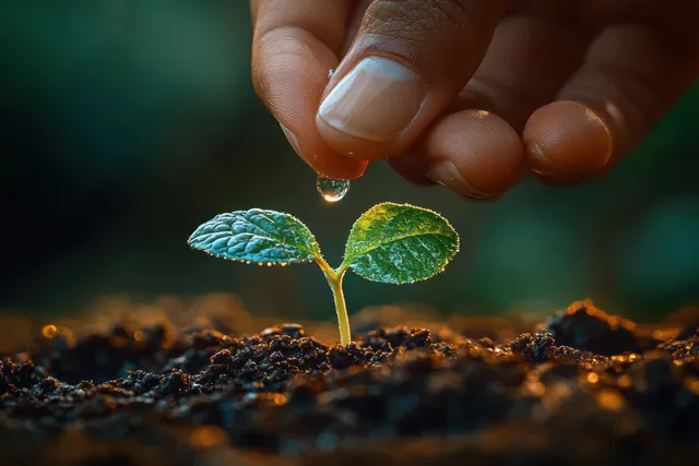 Hand dropping a water droplet onto a young green seedling in rich soil
