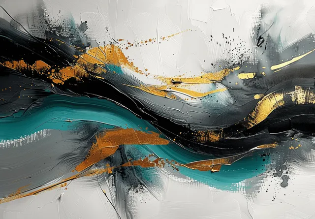 Abstract teal, black, and gold brushstrokes sweep across textured canvas