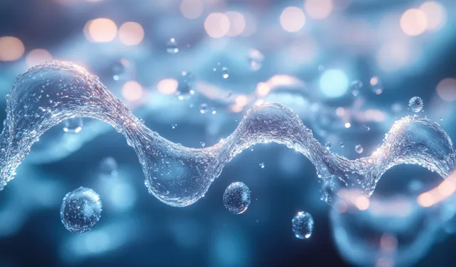 Futuristic DNA helix formed by glowing water droplets in a blue lab light
