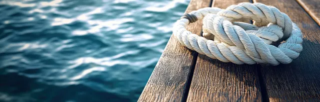 Coiled white rope looped on weathered dock cleat with rippling water reflections