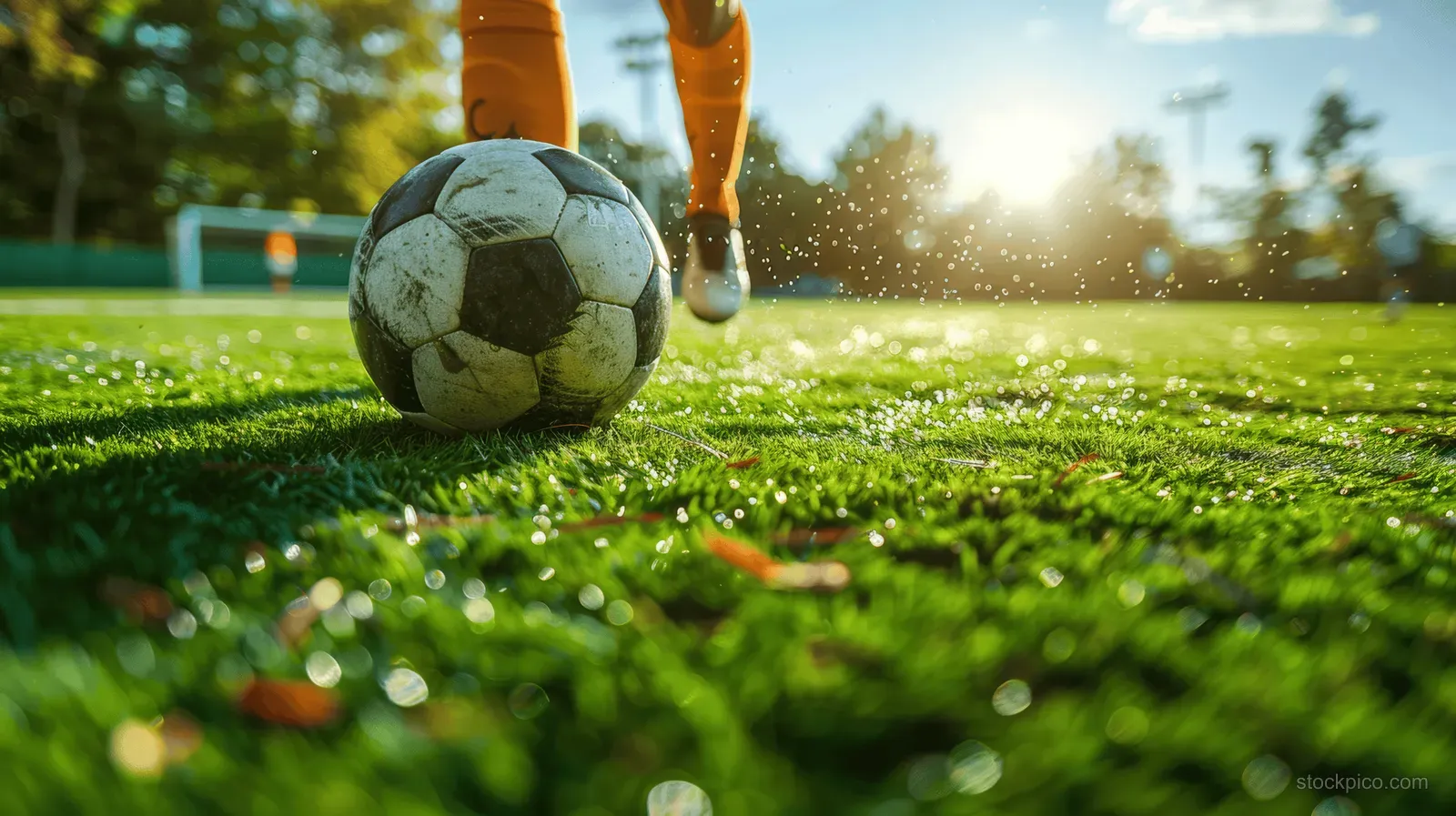 A soccer ball rolls across green grass on a school sports field with kids in yellow uniforms playing nearby.