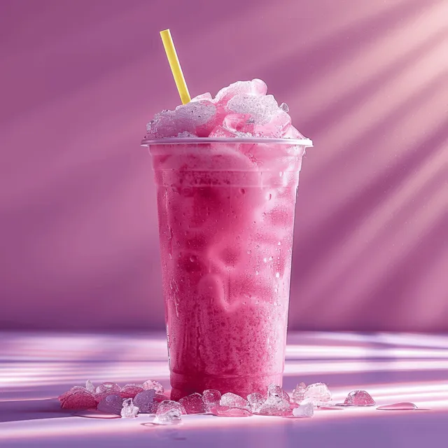 A tall glass of ice-cold pink drink with a straw and crushed ice on a striped surface against a purple background.