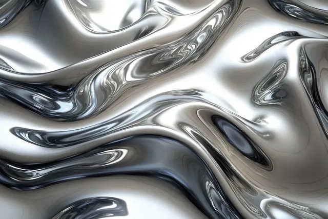 Chrome silver liquid waves swirl across glossy metallic surface with bright reflections