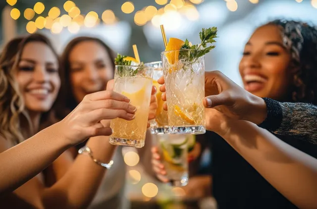 Friends clink iced cocktail glasses on a bar table as golden bokeh lights glow in the background.