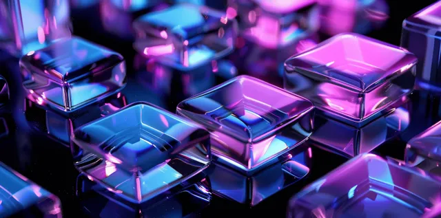 Glowing 3D geometric blocks with blue and purple reflections floating on dark backdrop