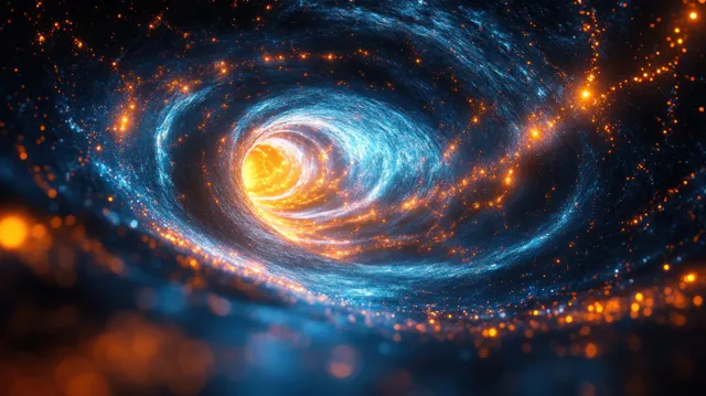A swirling blue galaxy network of glowing nodes and orange light lines curves across a dark cosmic background.