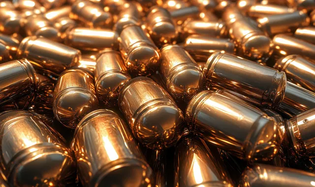 Reflective brass bullets are piled tightly together, filling the frame with metallic highlights.