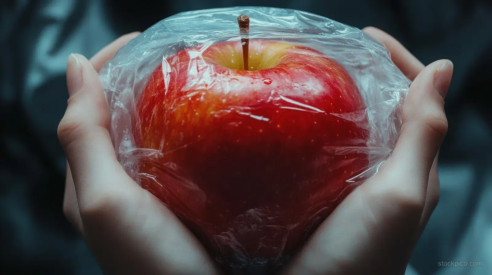 Hands hold a red apple wrapped in clear plastic with visible moisture droplets in a close-up.