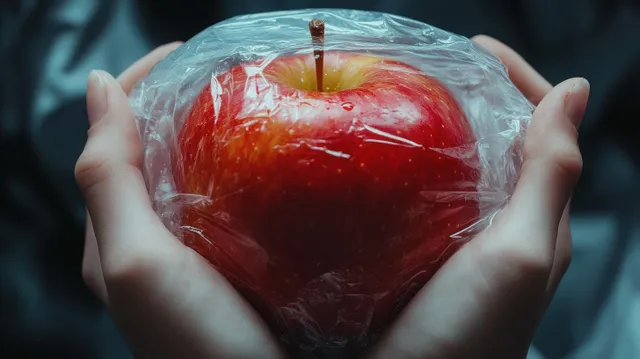 Hands hold a red apple wrapped in clear plastic with visible moisture droplets in a close-up.