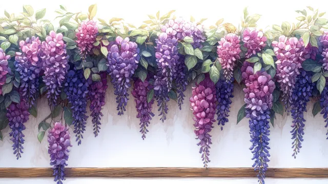 Purple wisteria blossoms cascade from a garden trellis with green leaves in spring light