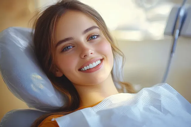 Smiling woman relaxing in dental chair, showing bright white teeth during checkup