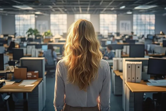 Blonde woman stands in a busy open-plan office, looking over coworkers working at desks and computer screens.