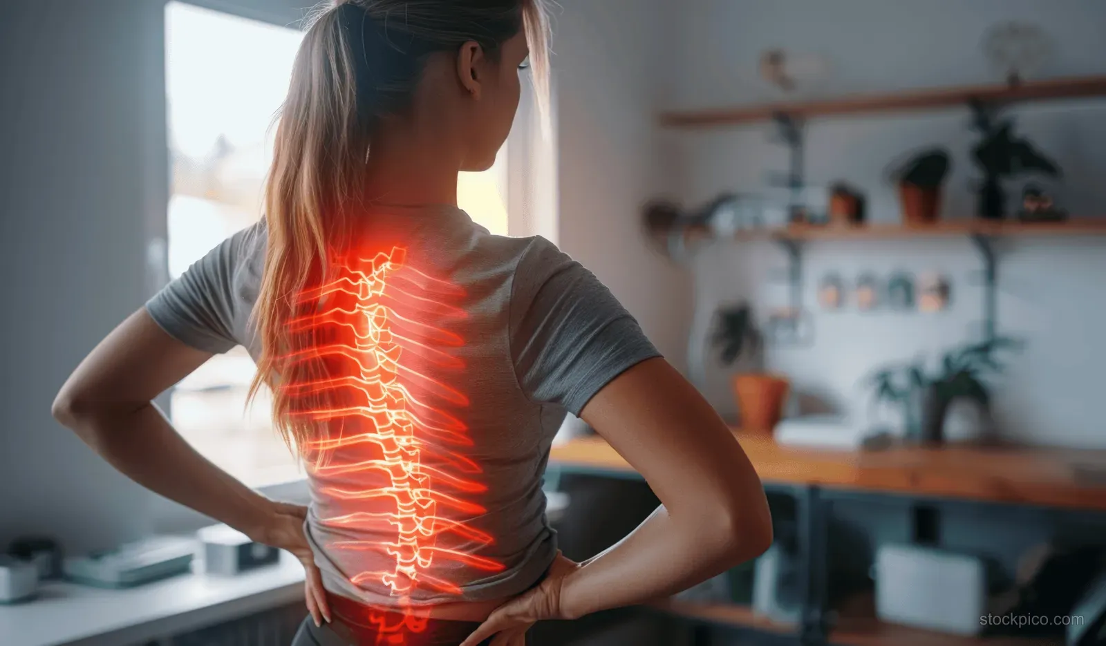 Woman pressing her lower back while a glowing red spine pain overlay appears in a home interior.