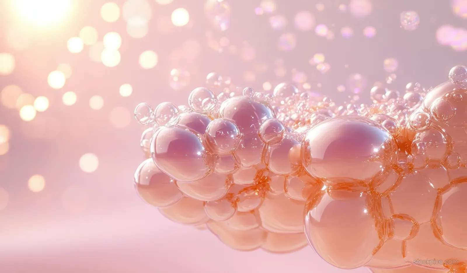3D droplets resembling collagen and vitamin C serum floating over a soft pink abstract skincare background.