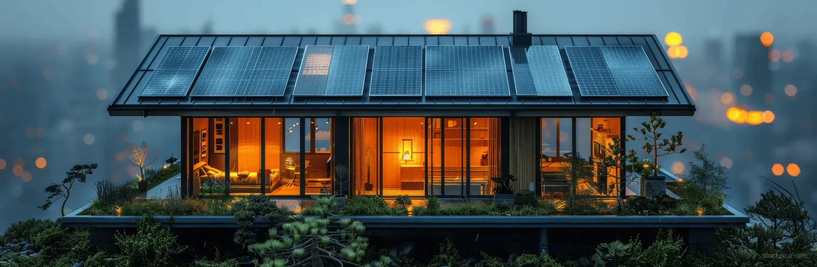 A smart house at dusk with illuminated windows and blue rooftop solar panels glowing against the night sky.