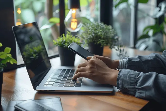 Businesswoman telecommuting at home office typing on laptop while holding a smartphone
