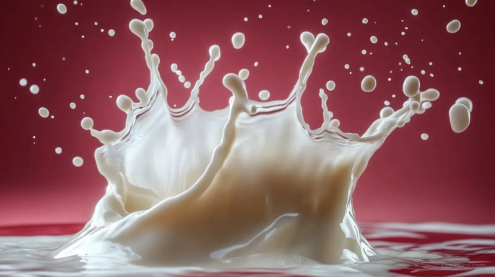 White creamy milk splash bursts outward with droplets scattering against a smooth red background.