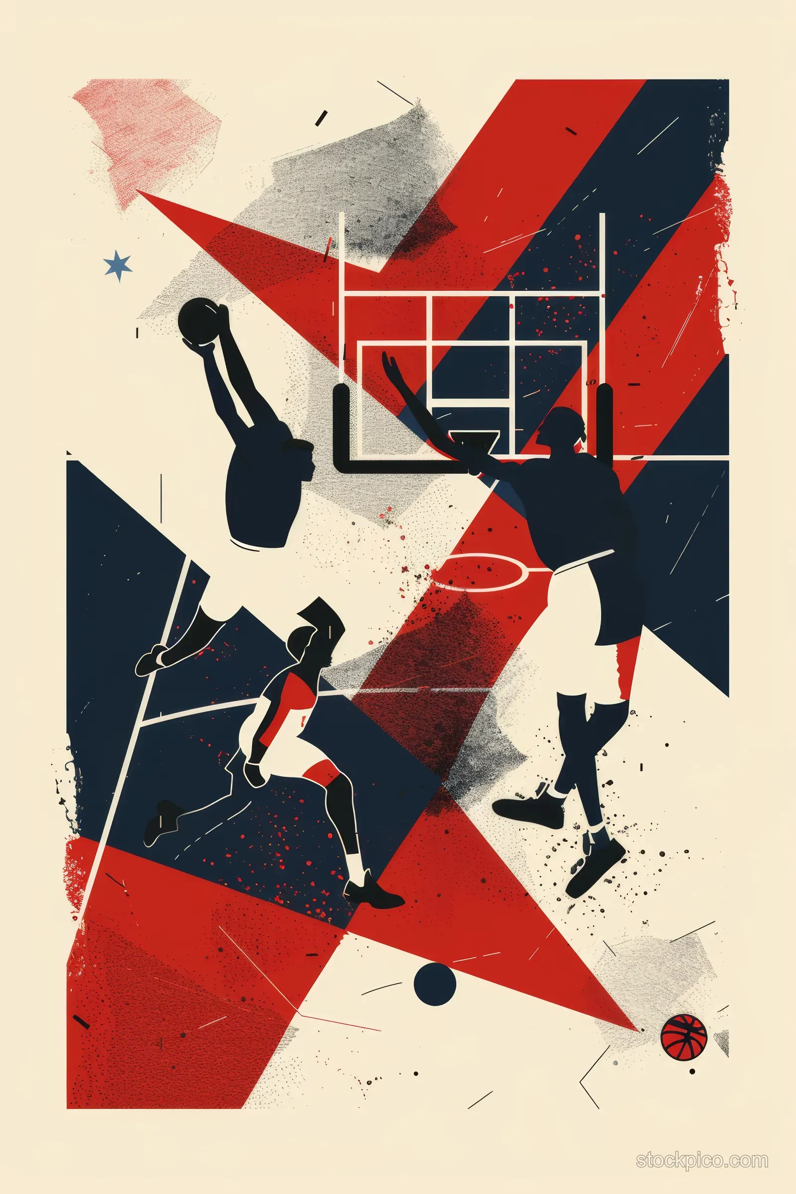 Minimalist 3x3 basketball players silhouettes with a French flag graphic and hoop lines on a textured background.