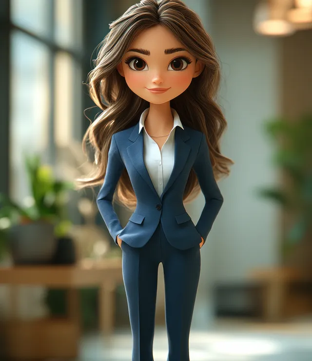 A young woman in a blue suit poses confidently with hands on hips in a softly blurred office setting.