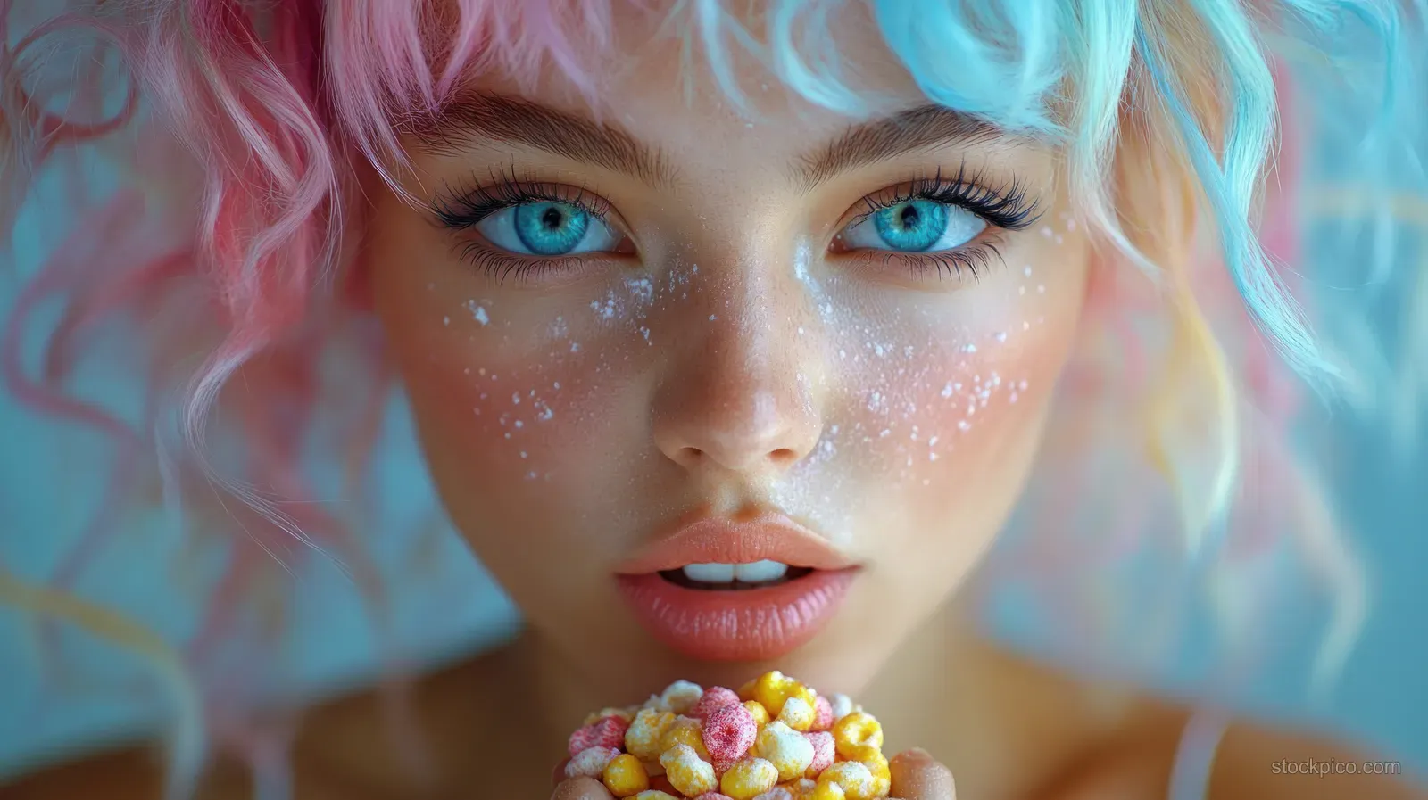 Cheerful woman with colorful hair holds rainbow cereal rings close to her mouth with cereal specks on her face.