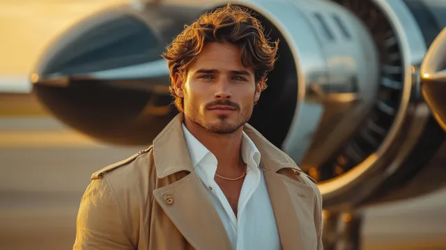 A man in a beige trench coat stands near a private jet with warm golden-hour light on the airport tarmac.