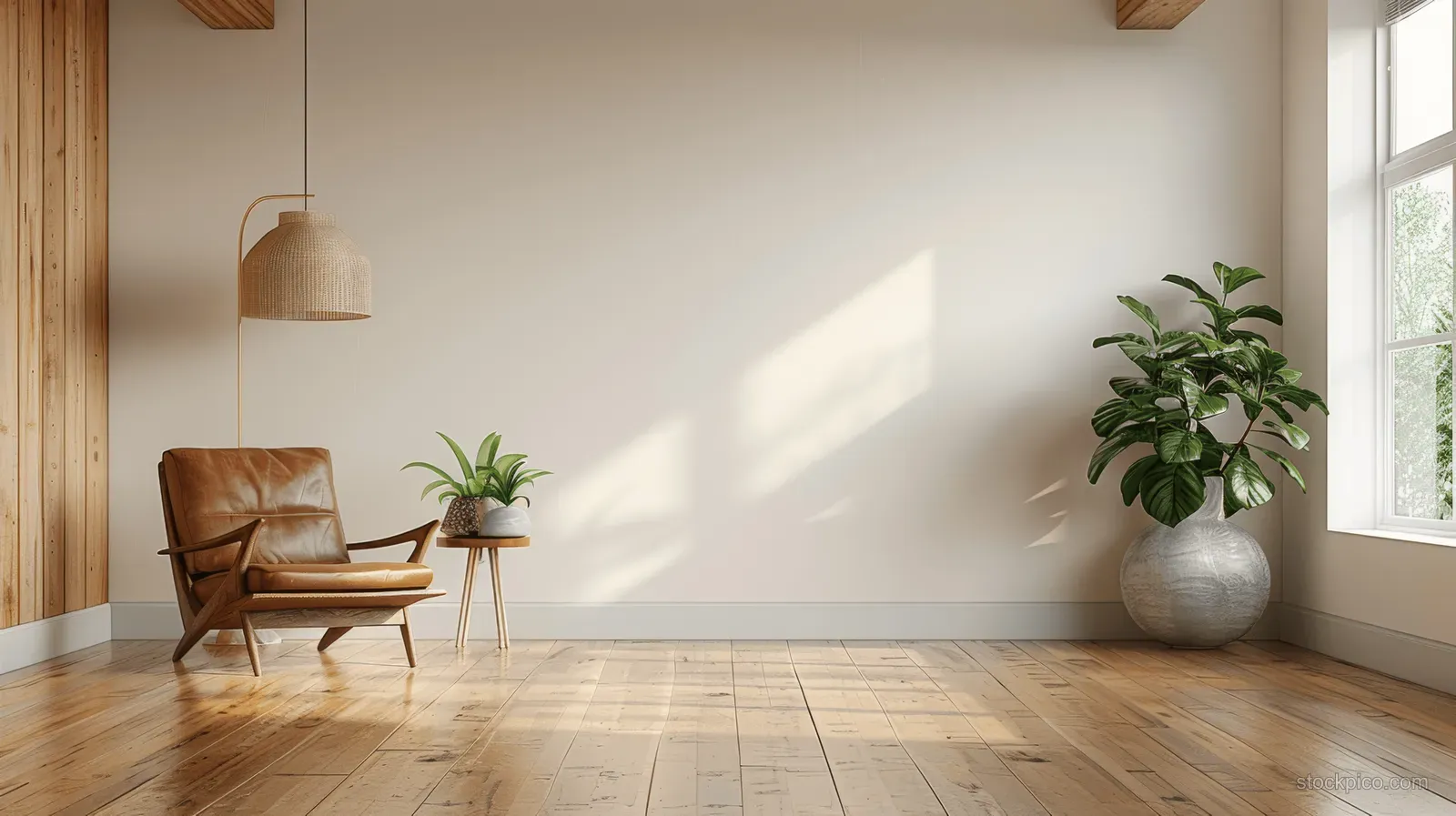 Minimalist living room corner with a leather armchair, side table, potted plant, and sunlit floorboards by windows.