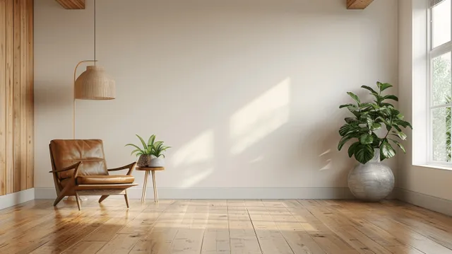 Minimalist living room corner with a leather armchair, side table, potted plant, and sunlit floorboards by windows.