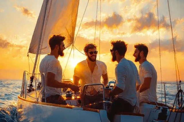 A group of men relax and converse on a sailboat deck during a warm sunset over the ocean.