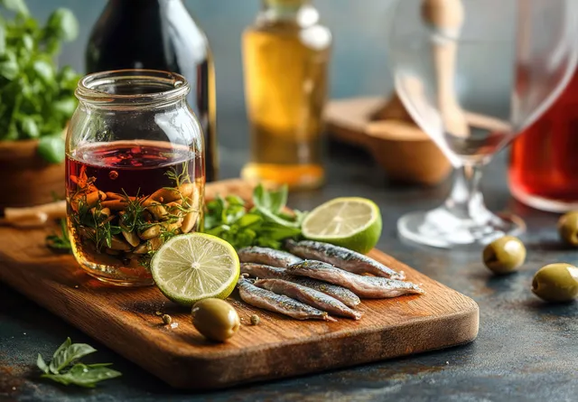 Fresh sardines rest on a wooden board with lime halves while a glass jar of marinated olives with herbs sits nearby.