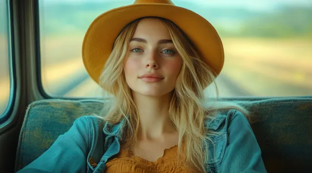 Woman in wide-brim hat gazes out train window at countryside fields and distant hills