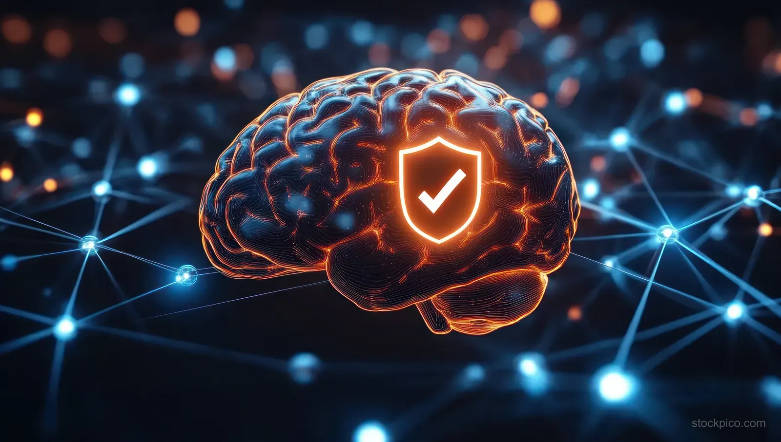 Glowing digital brain icon with a shield checkmark over a background of connected blue network nodes.
