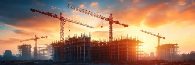 Cranes and scaffolding ring a high-rise under construction at sunset, with warm orange light across steel beams.
