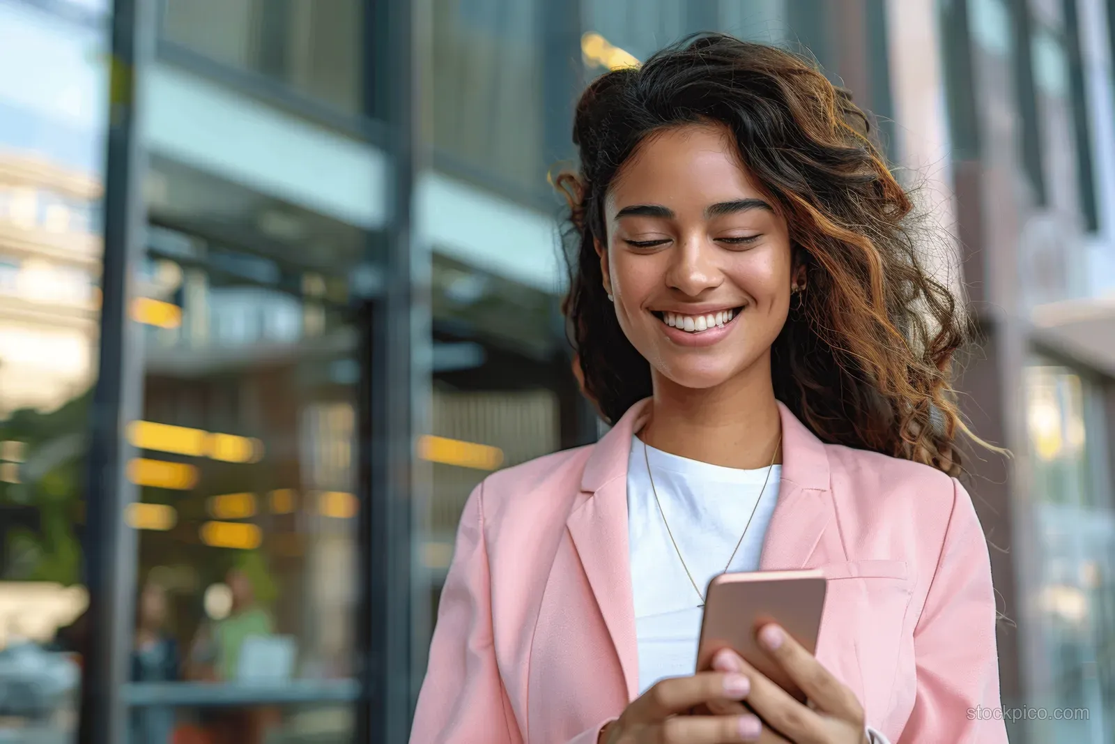 Smiling businesswoman in a pink blazer holding a smartphone outside a glass office building entrance.