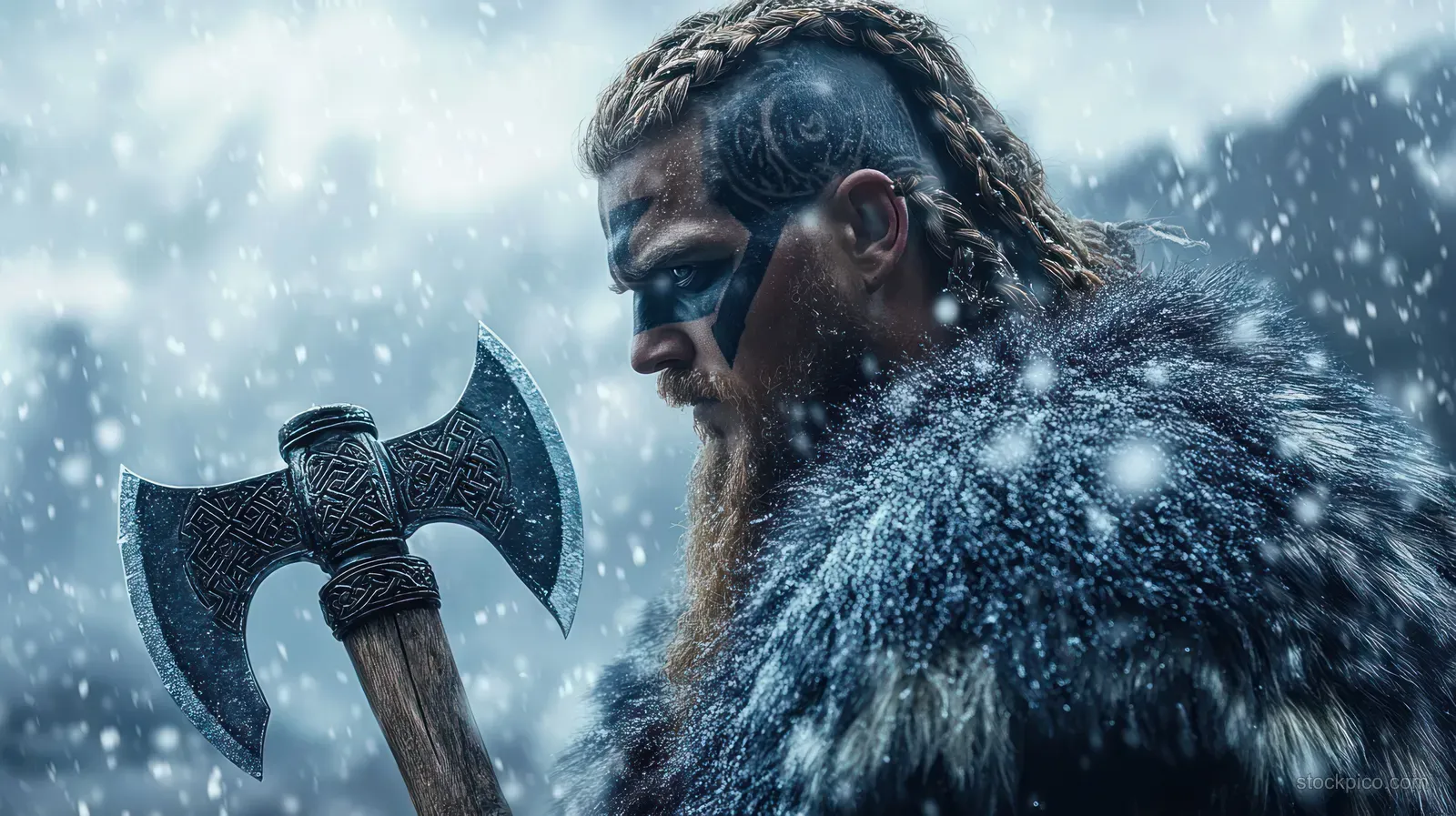 A tribal-painted warrior with braided hair holds a carved double-headed axe while snow falls around him.