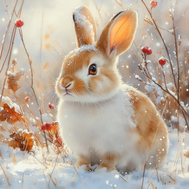 Watercolor rabbit sits in snowy woodland with falling snowflakes and small red berries on branches.