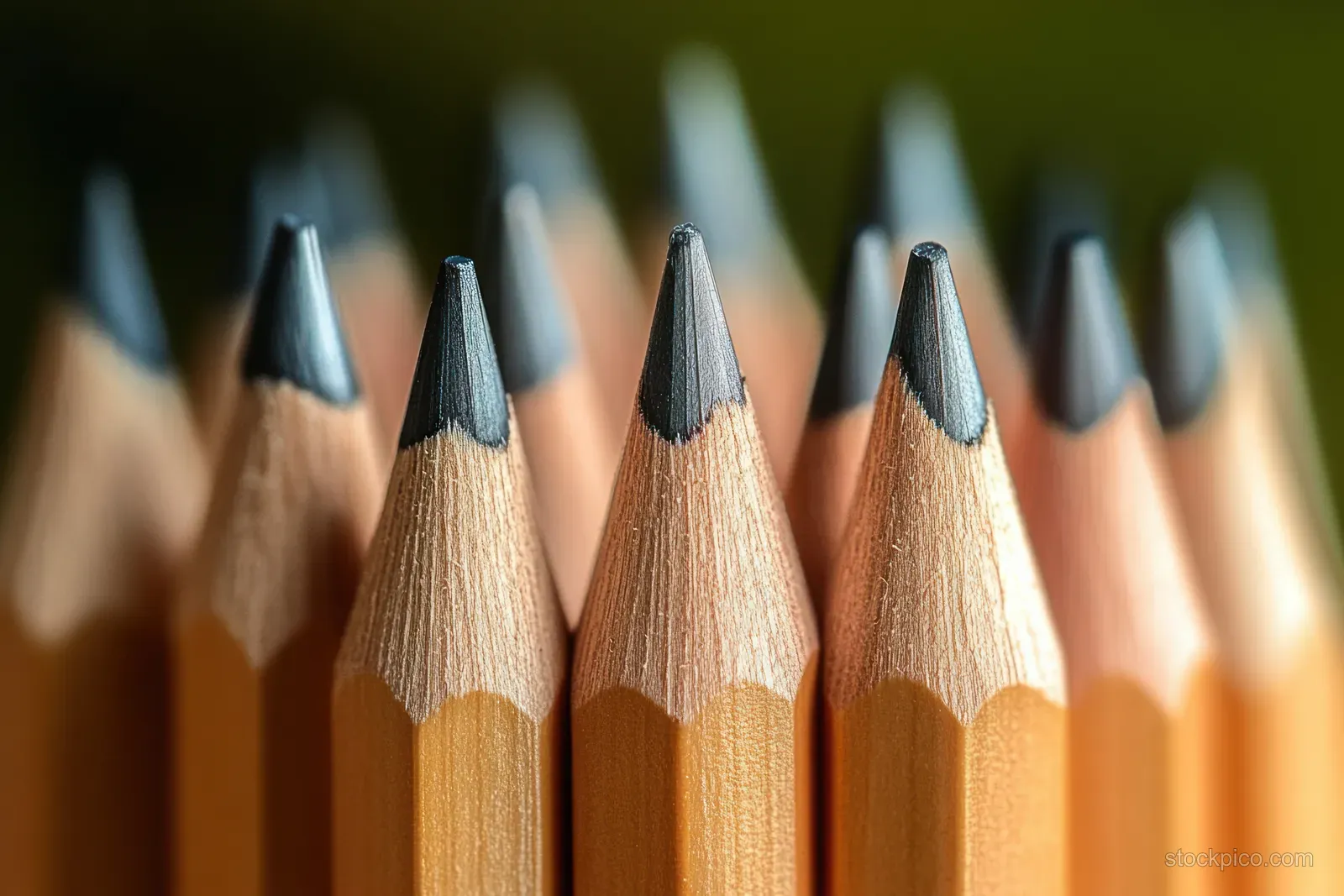 Sharpened wooden pencils stand in a cluster with graphite tips sharply focused and a blurred background.