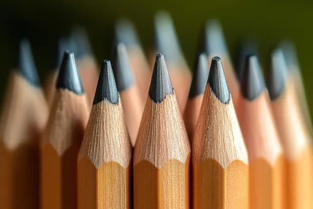 Cluster of sharpened wooden pencils with dark graphite tips, shallow depth of field