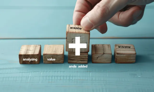 Hand placing wooden block with white plus symbol between value and analyzing blocks