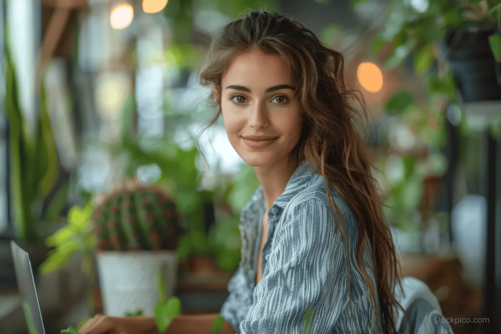 A smiling young woman sits at a laptop in a plant-filled office.