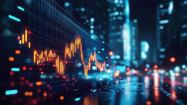 Neon futuristic city at night with rising finance chart overlays and data glow