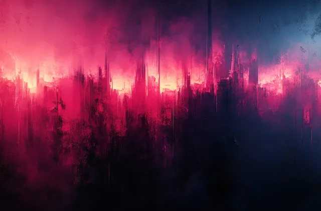 Glitchy city skyline silhouette with neon pink and blue misty light streaks at night