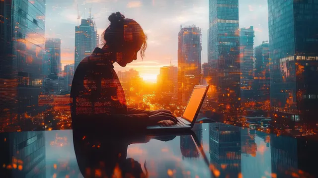 A businessman works on a laptop at an office window with a sunset city skyline reflected behind him.